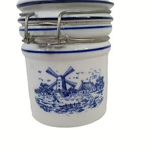 Teleflora Dutch Sealing Canister Jar Blue White Windmill Ceramic Locking Lid